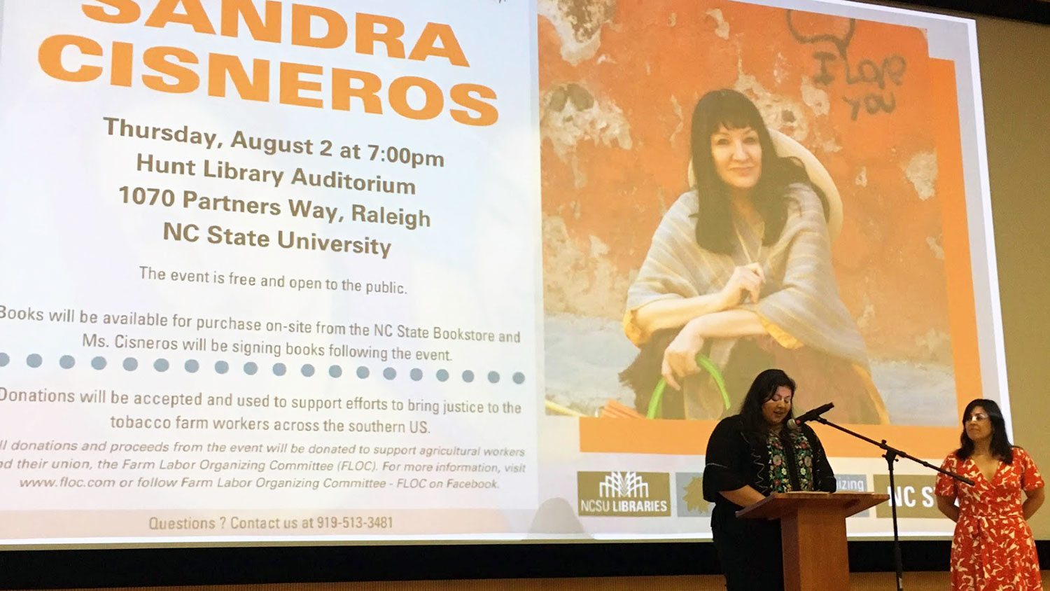 Marcela Torres-Cervantes of NC State introduces speaker and author Sandra Cisneros