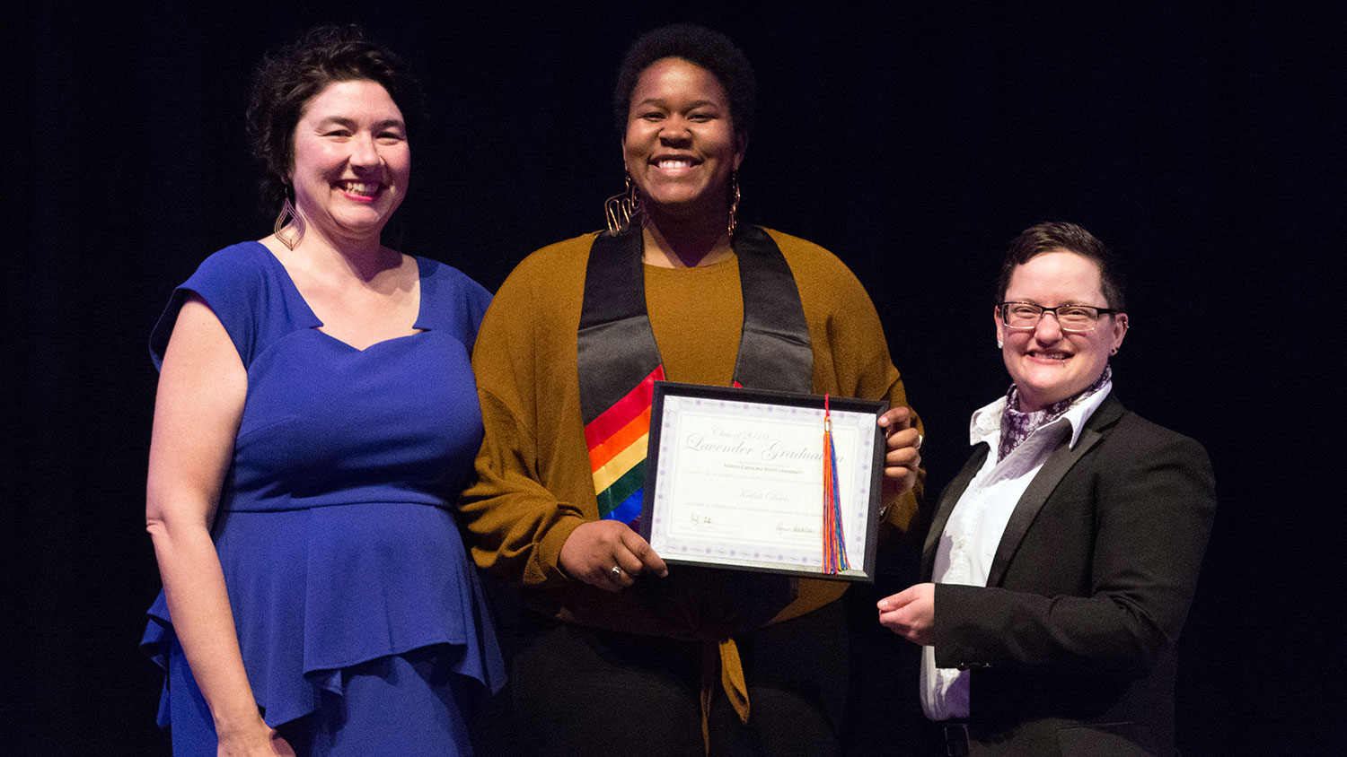 Lavender Graduation speaker and graduate Keilah Davis with Lynn Locklear-Fisher and Andy DeRoin