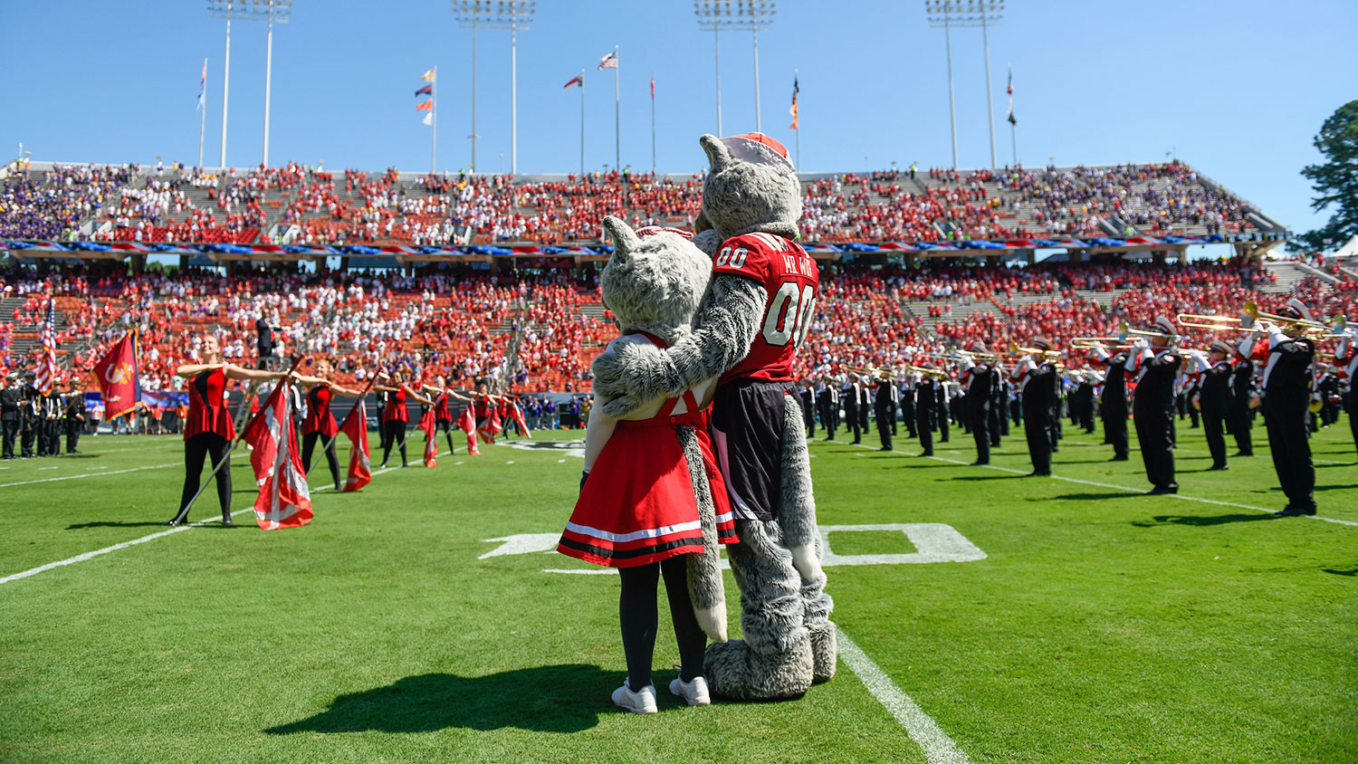 Mr. and Ms. Wuf, NC State mascots at football game