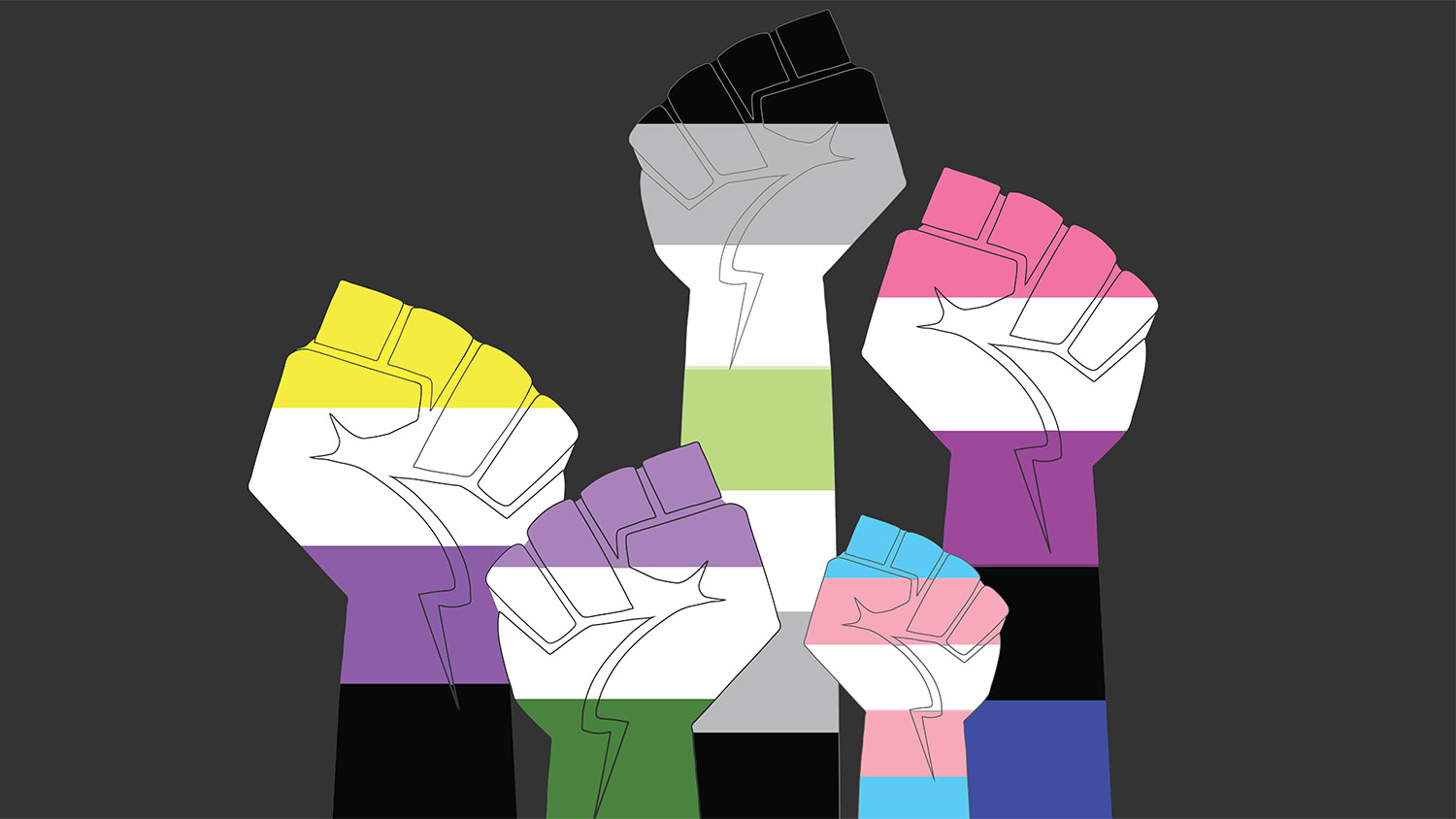 Fists drawn in the colors of nonbinary-gender flags