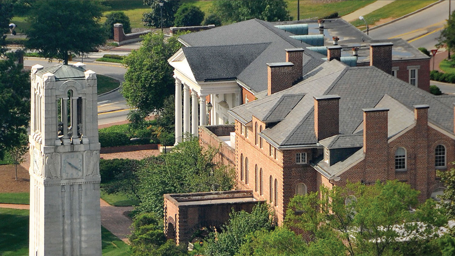 NC State Belltower and Holladay Hall from above