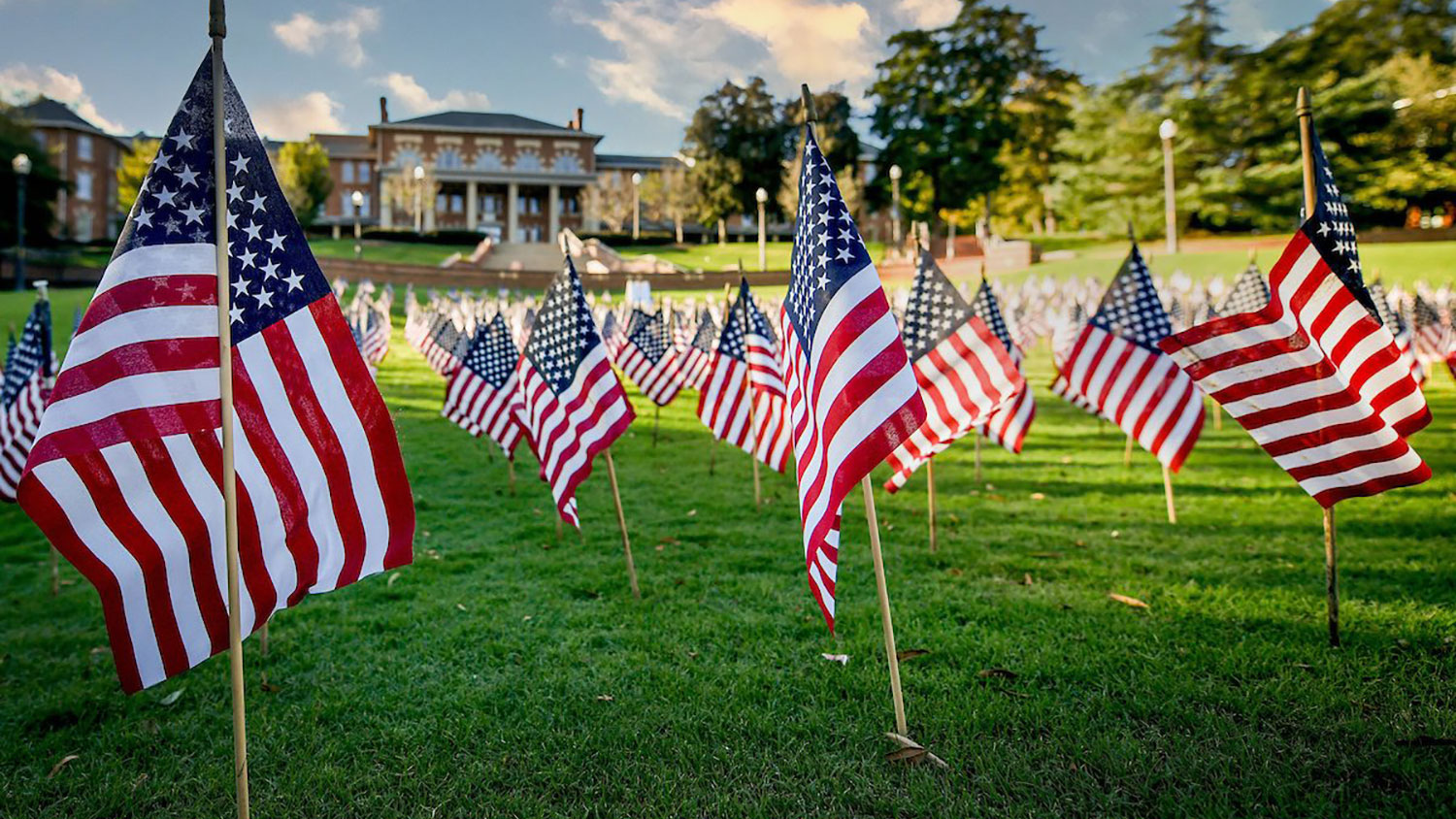 NC State's Court of Carolinas decorated with U.S. flags for Veterans Day