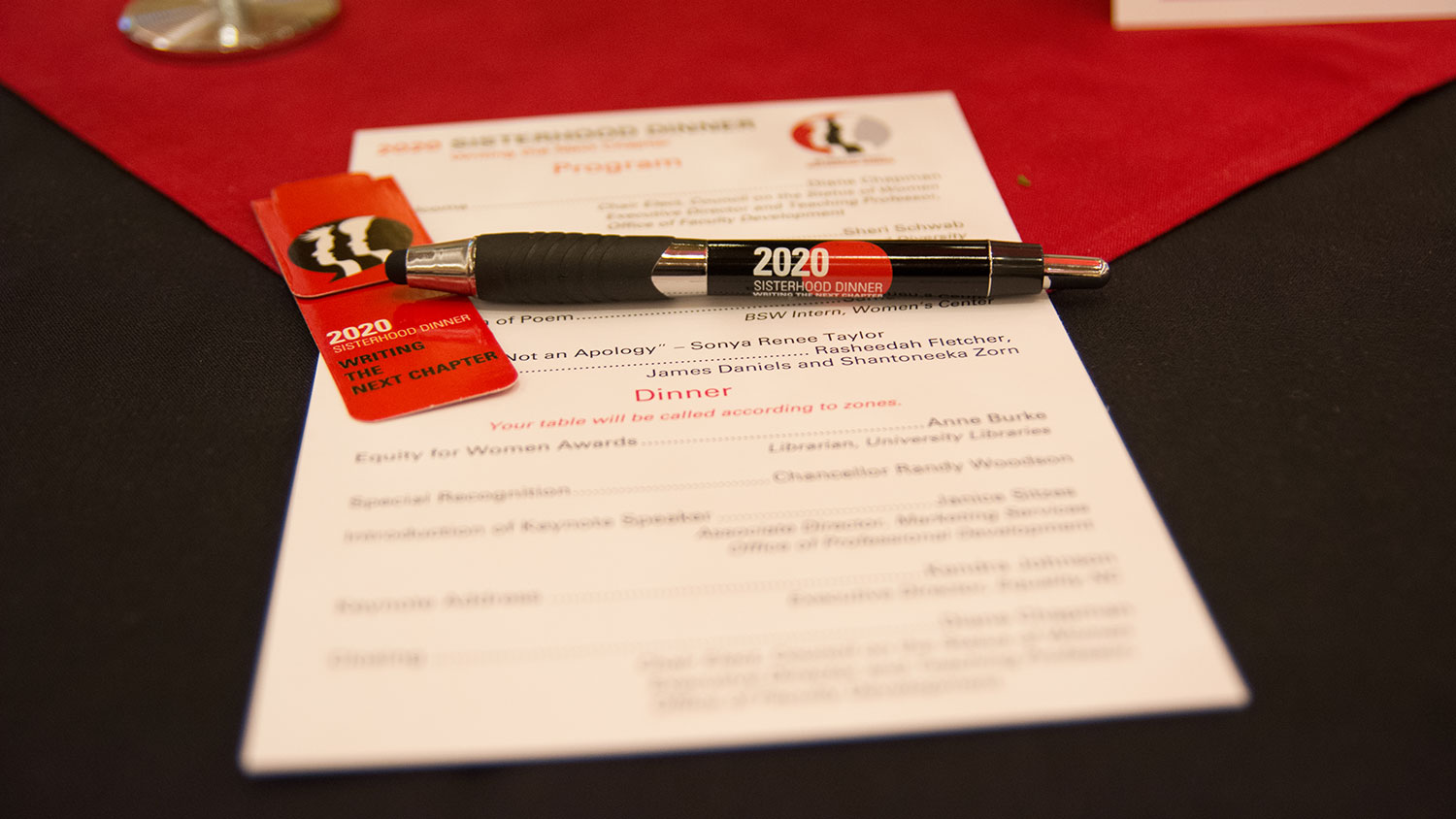 Sisterhood Dinner mementoes on a table at the 2020 event