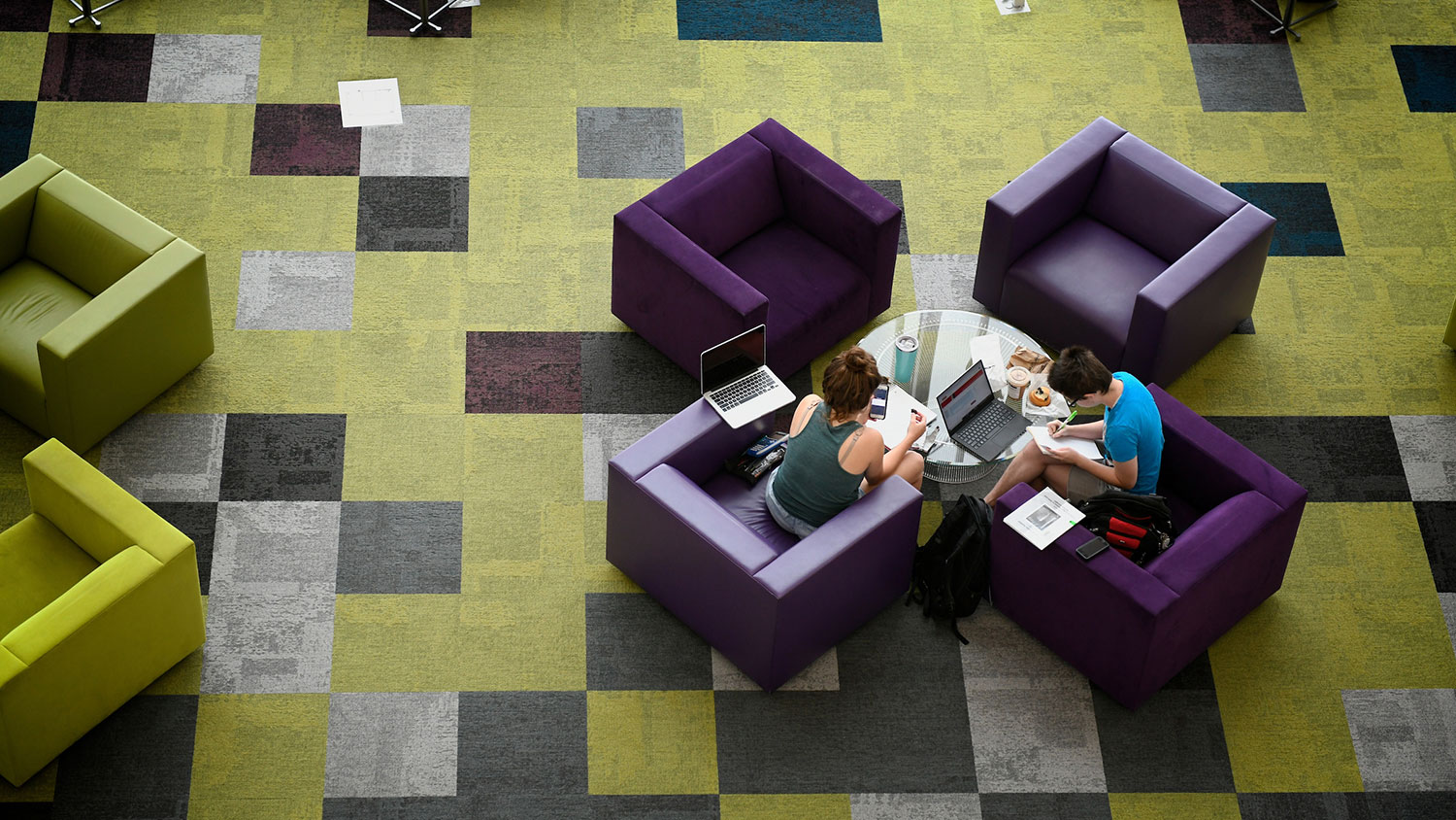 Two students work in Hunt Library