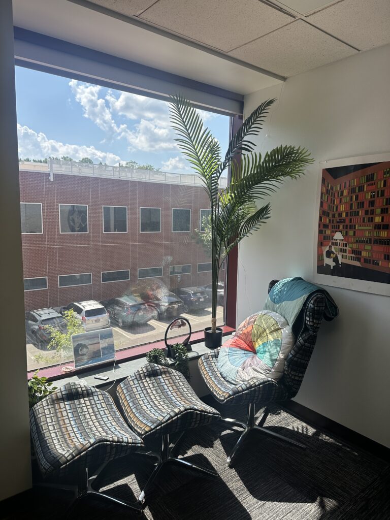 Image of the Witherspoon Student Center meditation room. Image shows chairs next to a window.