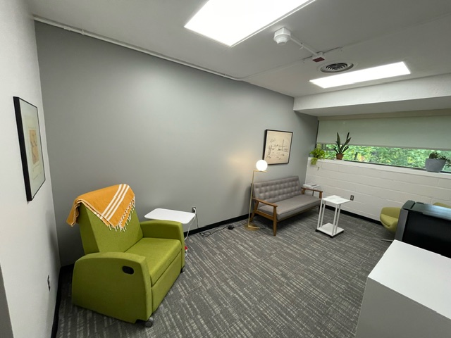 Image of the lactation space in Brooks Hall. The image shows a chair, couch, tabletops, plants, and pictures on the walls.